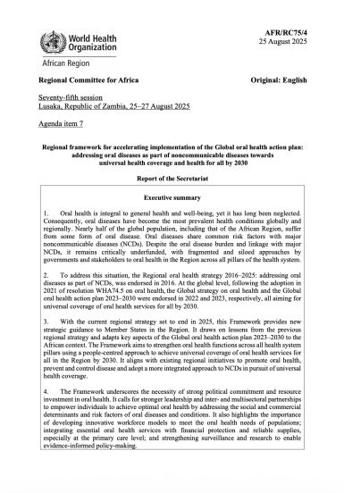 Regional framework for accelerating implementation of the Global oral health action plan: addressing oral diseases as part of noncommunicable diseases towards universal health coverage and health for all by 2030